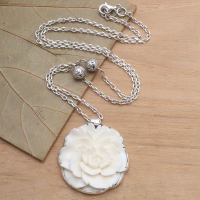 Sterling silver and bone pendant necklace, 'Creamy White Rose' - Balinese Sterling Silver and Carved Bone Flower Necklace