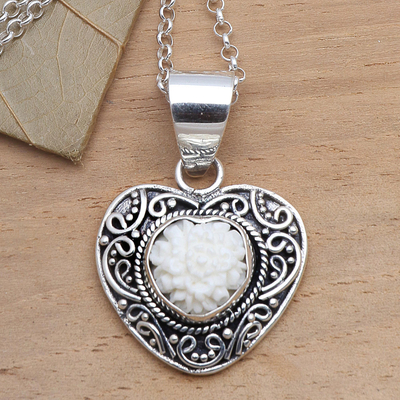 Sterling silver and bone pendant necklace, 'Flower in My Heart' - Sterling Silver and Carved Bone Floral Heart Necklace
