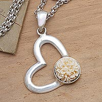 Sterling silver pendant necklace, 'Carnation Romance' - Carnation Heart Necklace in 925 Silver