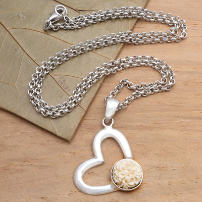 Sterling silver pendant necklace, 'Carnation Romance' - Carnation Heart Necklace in 925 Silver