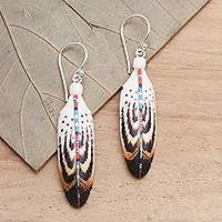 Bone dangle earrings, 'Falcon Feather' - Handcrafted Carved Bone Falcon Feather Theme Earrings