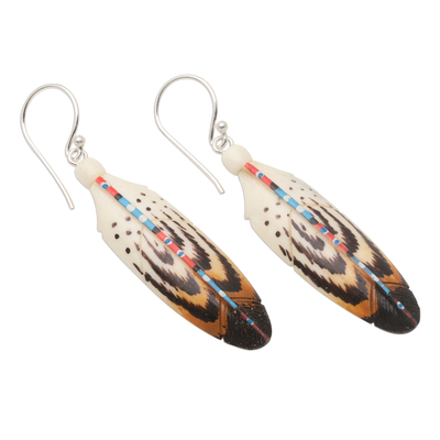Bone dangle earrings, 'Falcon Feather' - Handcrafted Falcon Feather Theme Earrings