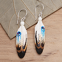 Bone dangle earrings, 'Fanciful Feathers' - Handcrafted Painted Feather Theme Earrings