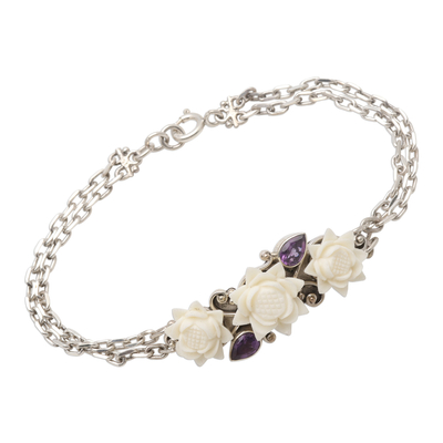 Amethyst pendant bracelet, 'Ivory Lotus' - Silver and Amethyst Bracelet with Carved Bone Flowers