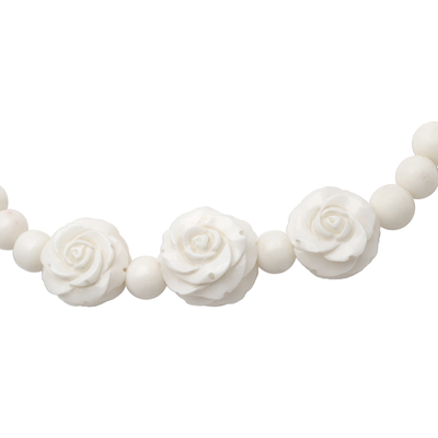 Bone beaded bracelet, 'Ivory Roses' - Beaded Bracelet with 3 Hand Carved Roses