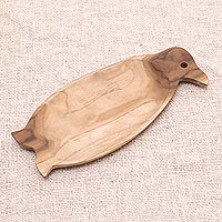 Teak wood platter, 'Spry Penguin' - Penguin-Shaped Teak Wood Serving Platter