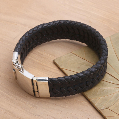 Men's braided leather and sterling silver wristband bracelet, 'Commemoration in Black' - Men's Black Leather Bracelet with Sterling Silver