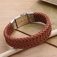 Men's braided leather and sterling silver wristband bracelet, 'Commemoration in Brown' - Brown Leather and Sterling SIlver Bracelet for Men