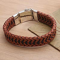 Men's braided leather and sterling silver wristband bracelet, 'Commemoration' - Men's Brown and Black Leather and Silver Bracelet