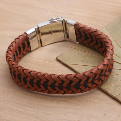 Mens Brown and Black Braided Leather Bracelet
