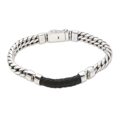 Men's sterling silver and leather bracelet, 'Bridge in Black' - Polished Sterling Silver and Leather Men's Bracelet