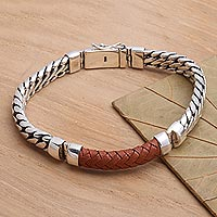 Men's sterling silver and leather bracelet, 'Bridge in Brown' - Men's Brown Leather and Sterling Silver Bracelet