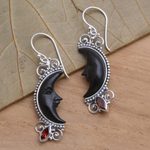 Garnet and buffalo horn dangle earrings, 'Dark Crescent Moon' - Silver and Garnet Moon Earrings with Water Buffalo Horn