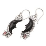 Garnet and buffalo horn dangle earrings, 'Dark Crescent Moon' - Silver and Garnet Moon Earrings with Water Buffalo Horn