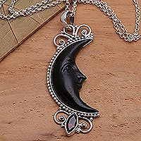 Garnet and buffalo horn pendant necklace, 'Dark Crescent Moon'