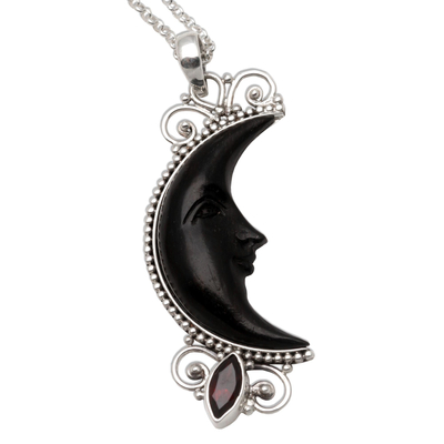 Garnet and buffalo horn pendant necklace, 'Dark Crescent Moon' - Silver and Garnet Moon Necklace with Water Buffalo Horn