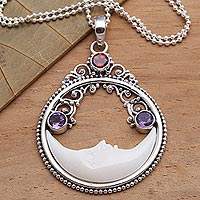 Moon Pendant Necklace with Amethyst and Garnet,'Peaceful Evening'