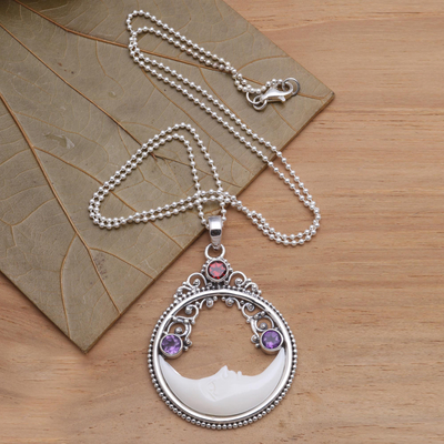 Garnet and amethyst pendant necklace, 'Peaceful Evening' - Moon Pendant Necklace with Amethyst and Garnet