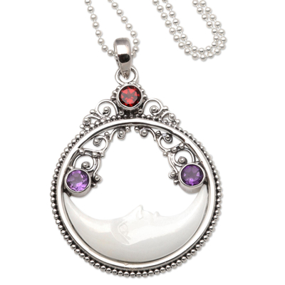 Garnet and amethyst pendant necklace, 'Peaceful Evening' - Moon Pendant Necklace with Amethyst and Garnet