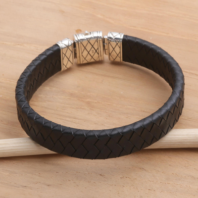 Men's leather and sterling silver wristband bracelet, 'Adaptation' - Black Leather and Sterling Silver Men's Bracelet