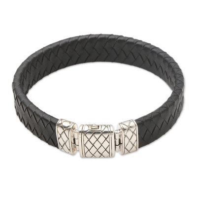 Men's leather and sterling silver wristband bracelet, 'Adaptation' - Black Leather and Sterling Silver Men's Bracelet