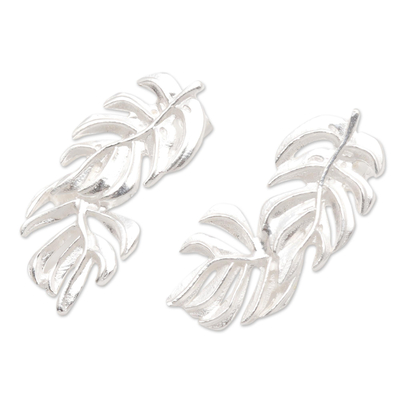 Sterling silver drop earrings, 'Tropical Plant' - Handcrafted Balinese Sterling Silver Leaf Earrings