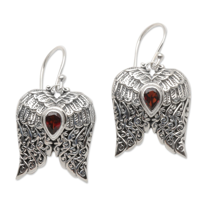 Garnet dangle earrings, 'Wings of Flight' - Artisan Crafted Balinese Silver Wings Earrings with Garnet