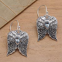 Blue topaz dangle earrings, 'Wings of Flight' - Artisanal Balinese Silver Wings Earrings with Blue Topaz
