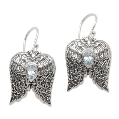 Artisanal Balinese Silver Wings Earrings with Blue Topaz