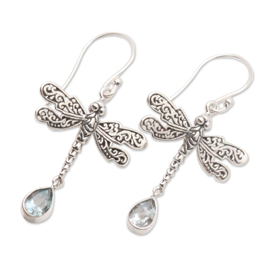 Blue topaz dangle earrings, 'Dragonfly Freedom' - Artisan Crafted Balinese Silver Earrings with Blue Topaz