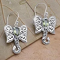 Peridot dangle earrings, 'Elephant Fancy' - Artisan Crafted Balinese Silver Elephant Peridot Earrings