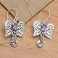 Amethyst dangle earrings, 'Elephant Fancy' - Artisan Crafted Balinese Silver Elephant Amethyst Earrings