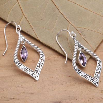 Amethyst dangle earrings, 'Island Queen' - Sterling Silver and Amethyst Fair Trade Balinese Earrings