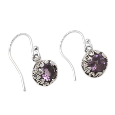 Amethyst dangle earrings, 'Petite Frangipani Flowers' - Petite Amethyst Floral Earrings in Sterling Silver