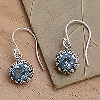 Blue topaz dangle earrings, 'Petite Frangipani Flowers'