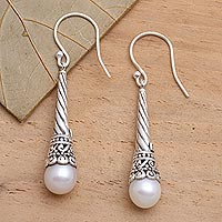 Cultured pearl dangle earrings, 'White Beacon Glow' - Balinese Handcrafted White Cultured Pearl Earrings