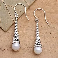 Cultured pearl dangle earrings, 'White Beacon Glow'