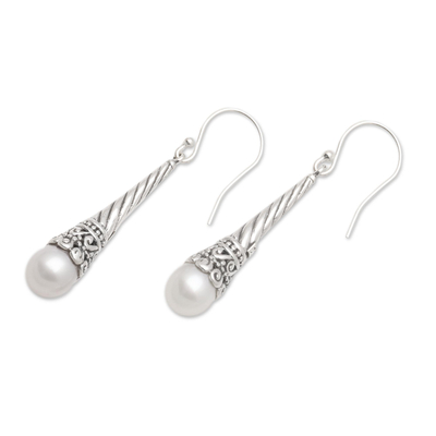 Cultured pearl dangle earrings, 'White Beacon Glow' - Balinese Handcrafted White Cultured Pearl Earrings