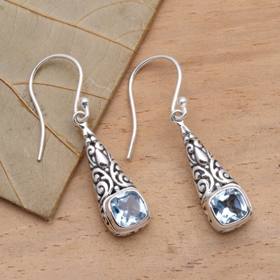 Blue topaz dangle earrings, 'Expression of Joy' - Balinese Fair Trade Silver and Blue Topaz Earrings