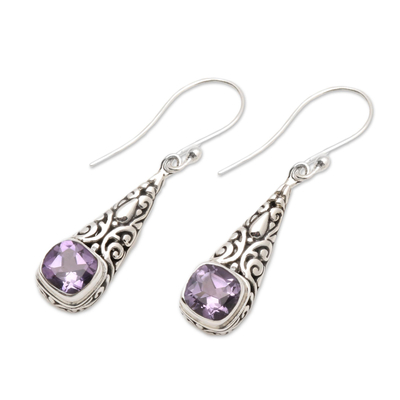 Amethyst dangle earrings, 'Expression of Joy' - Balinese Fair Trade Silver and Amethyst Earrings