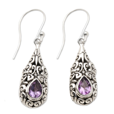 Amethyst dangle earrings, 'Violet Raindrop' - Sterling Silver Dangle Earrings with Amethyst Teardrops