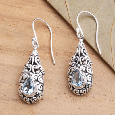 Blue topaz dangle earrings, 'Azure Raindrop' - Sterling Silver Dangle Earrings with Blue Topaz Teardrops