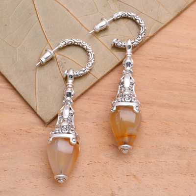 Carnelian dangle earrings, 'Temple Lantern' - Sterling Silver and Carnelian Earrings  Handcrafted in Bali