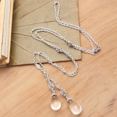 Quarz-Y-Halskette - Lange Lariat-Halskette aus Sterlingsilber mit Kristallquarz