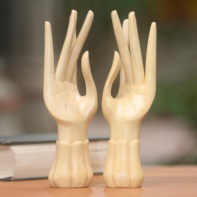 Wood ring holders, 'Graceful Gesture' (pair) - 2 Artisan Carved Hand Sculptures Designed to Hold Jewelry