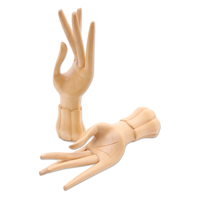 Wood ring holders, 'Graceful Gesture' (pair) - 2 Artisan Carved Hand Sculptures Designed to Hold Jewelry