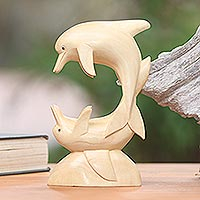 Wood sculpture, 'Dolphin Joy' - Crocodile Wood Sculpture of Dolphins at Play