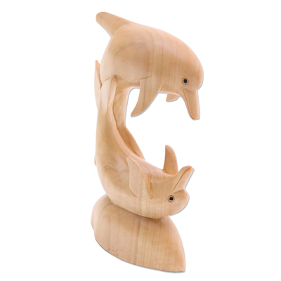 Wood sculpture, 'Dolphin Joy' - Crocodile Wood Sculpture of Dolphins at Play