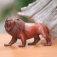Wood sculpture, 'Menacing Lion' - Fair Trade Hand Carved Lion Sculpture