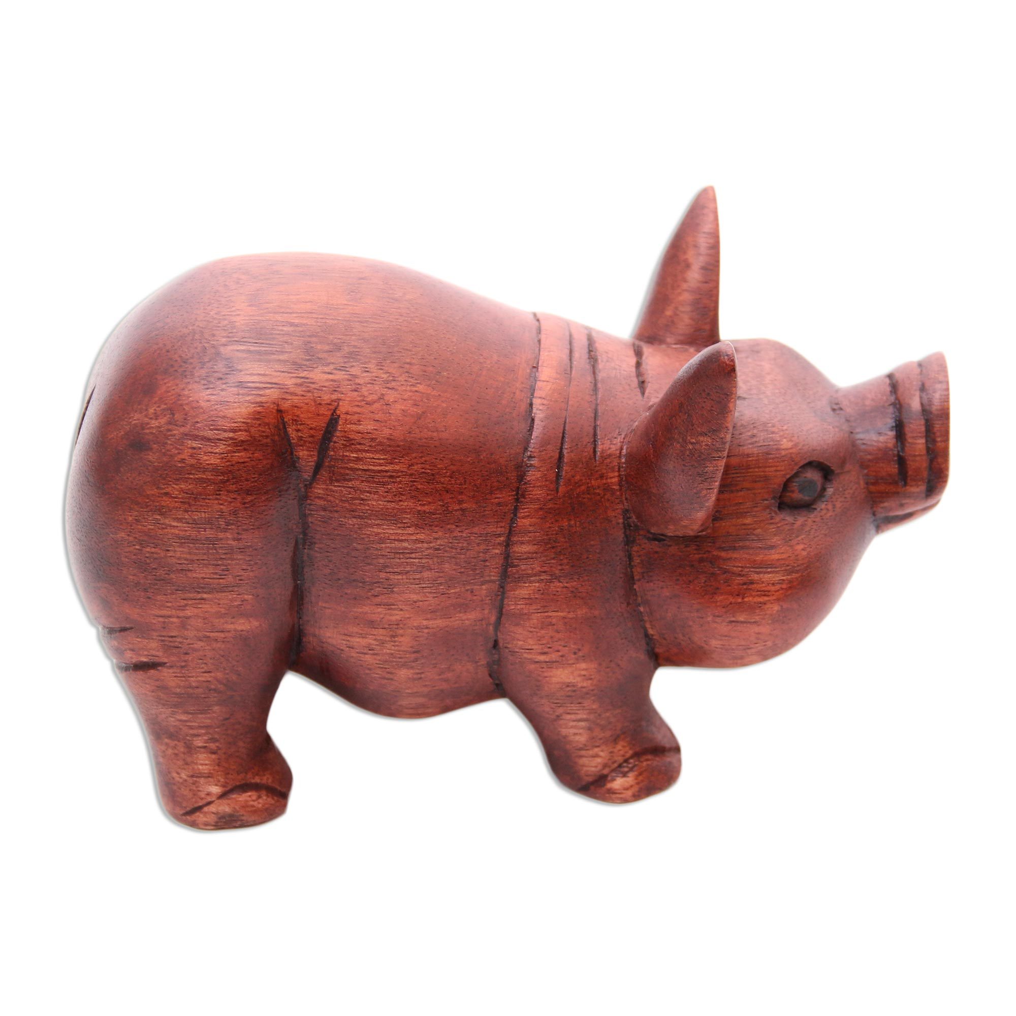 Hand Carved Wood Sculpture of a Pig Adorable Pig NOVICA